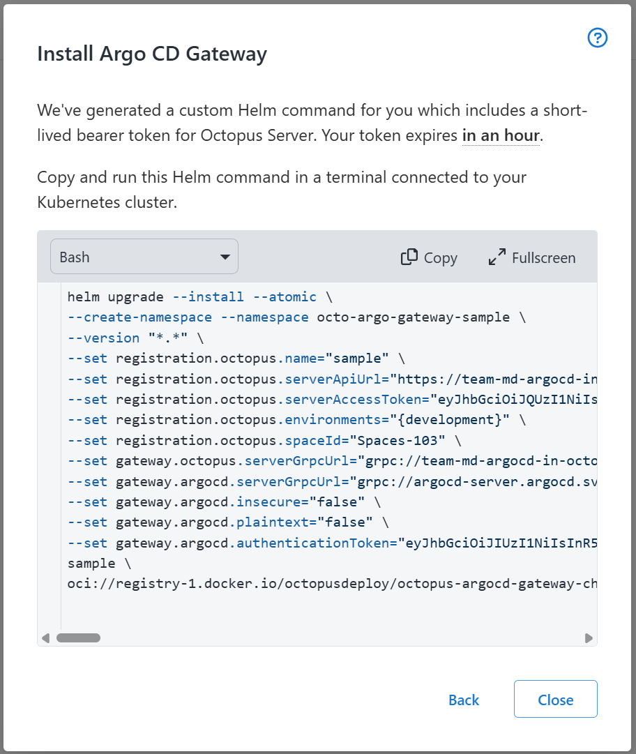 Octopus Argo CD Gateway Wizard Helm command Page