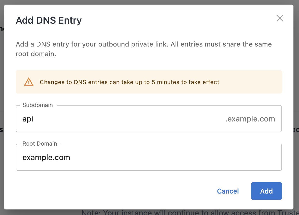 A screenshot of the Add DNS Entry dialog in Control Center showing the subdomain and root domain fields