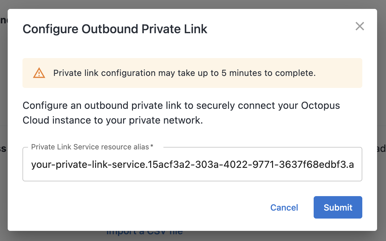 A screenshot of the Control Center outbound private links configuration UI showing the alias input field