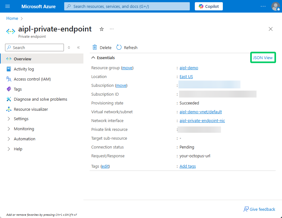 A screenshot of a Private Endpoint in the Azure Portal showing where the JSON View button is