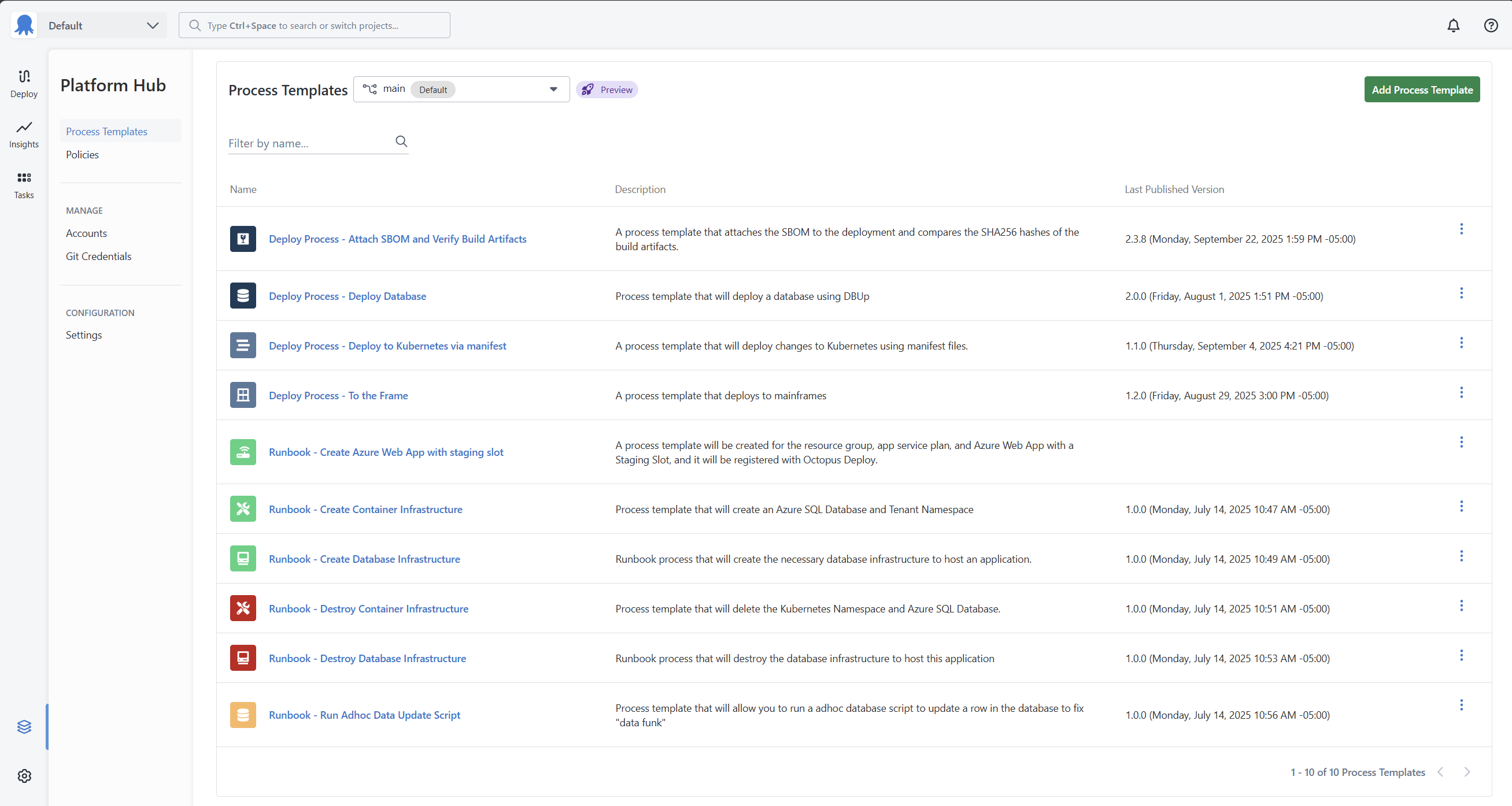 A list of process templates with the appropriate prefix and template name