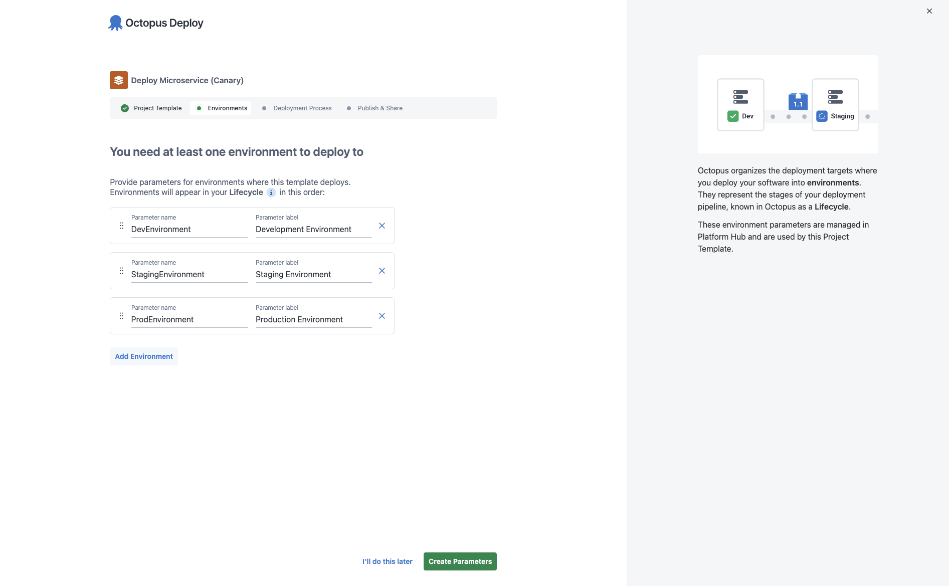 Creating a project template with environment parameters