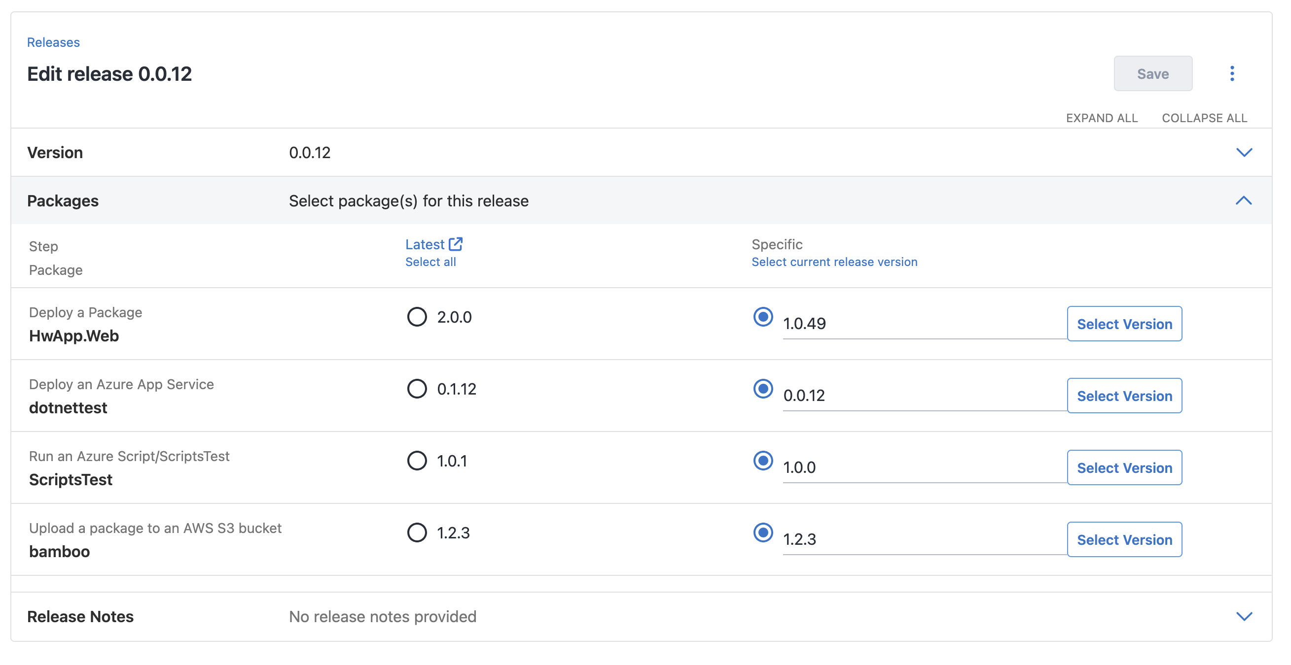 Screenshot of Octopus release page showing an existing release and its selected packages