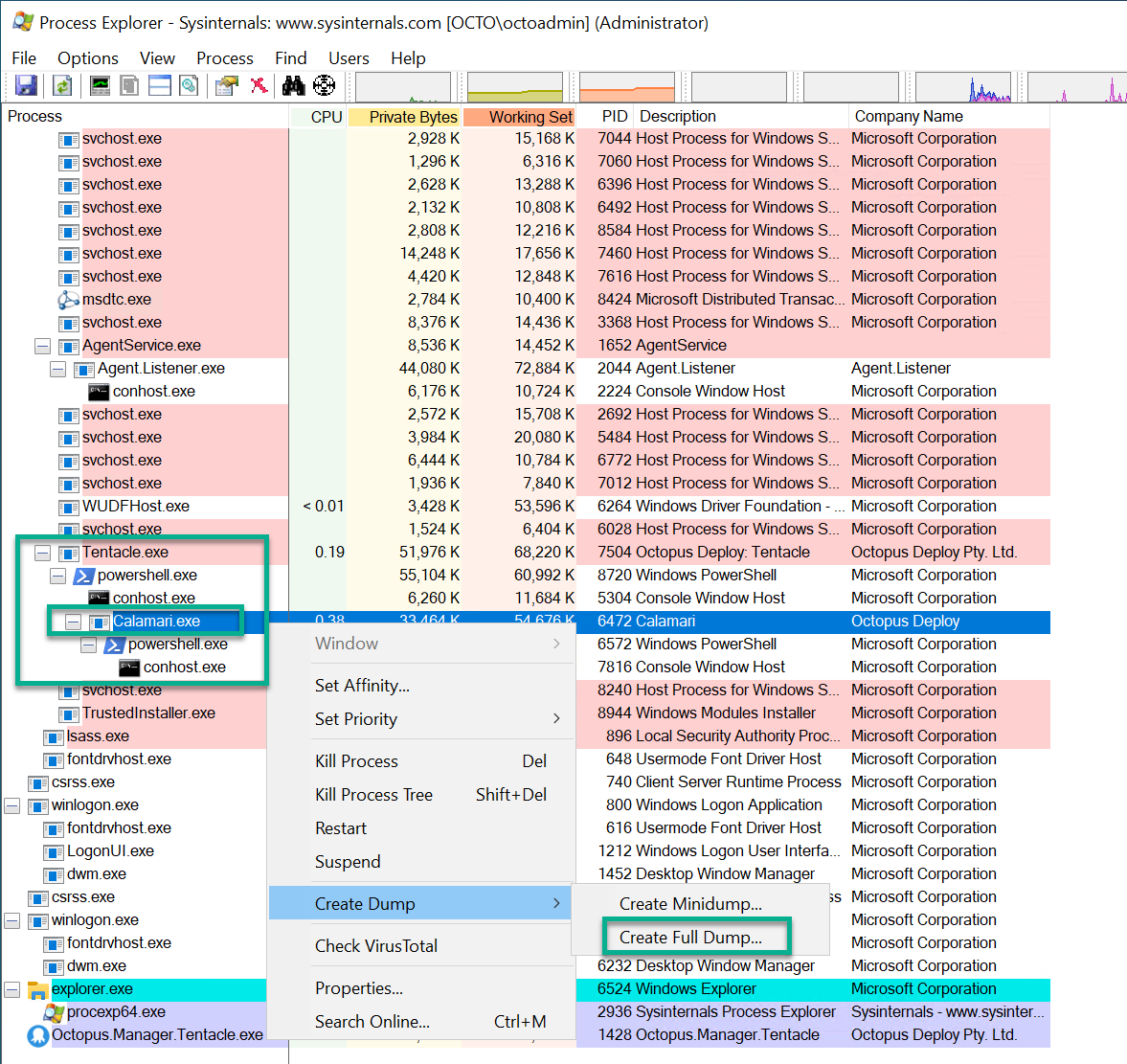 Process explorer capturing child processes from Tentacle